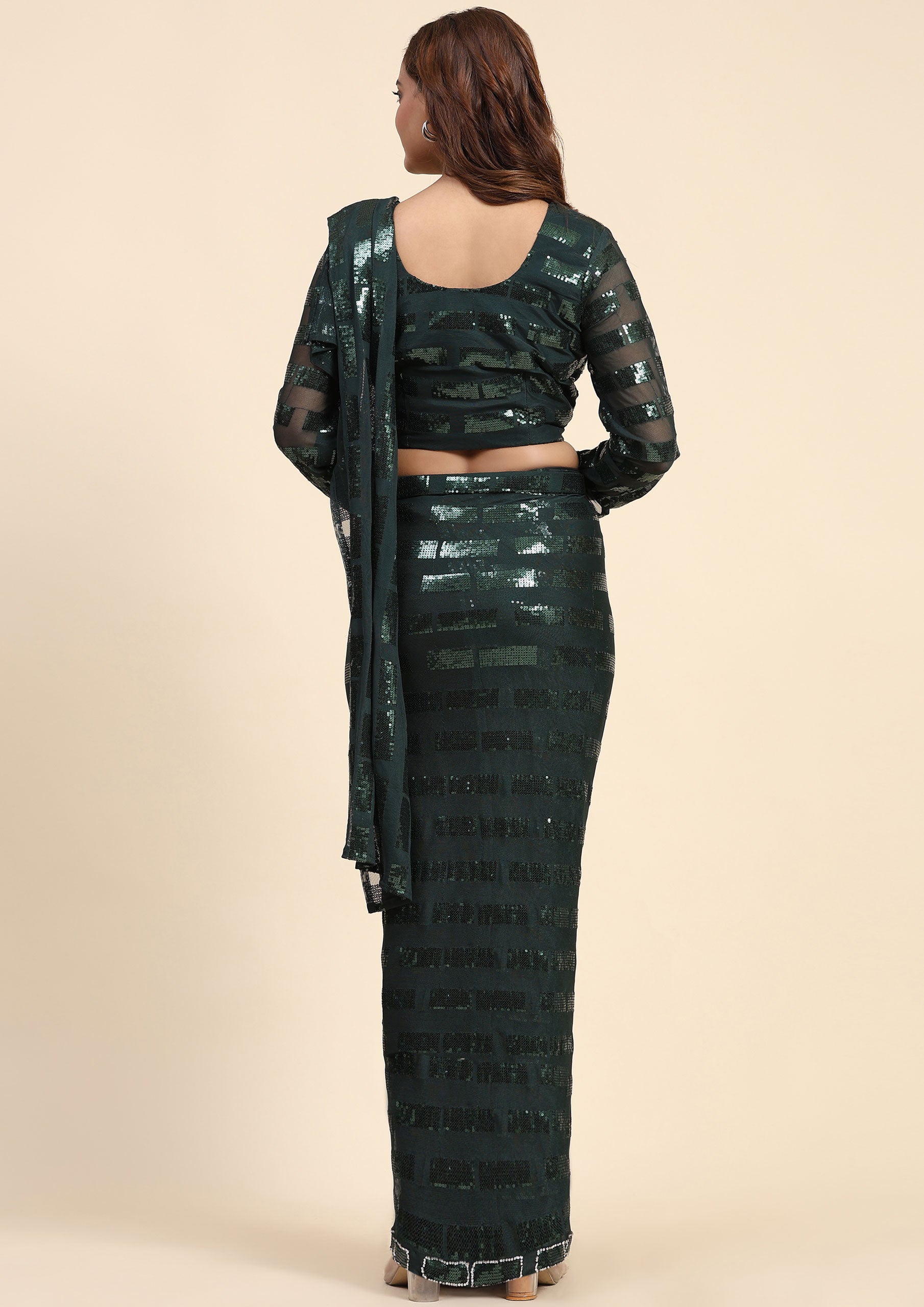 Green Color Georgette Sequins Work Ready To Wear Saree